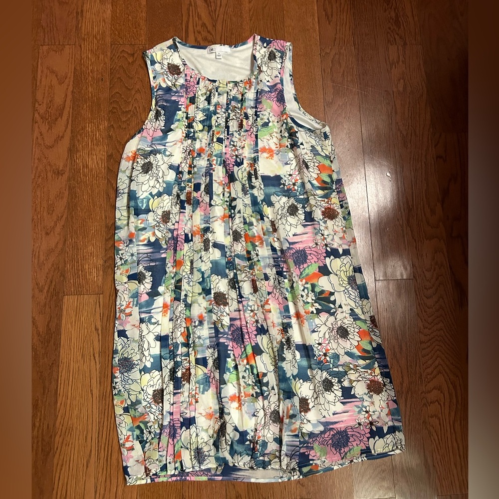 DR2 Daniel Rainn Sleeveless Colorful Floral Box Pleat Flowy Shift Dress. Small